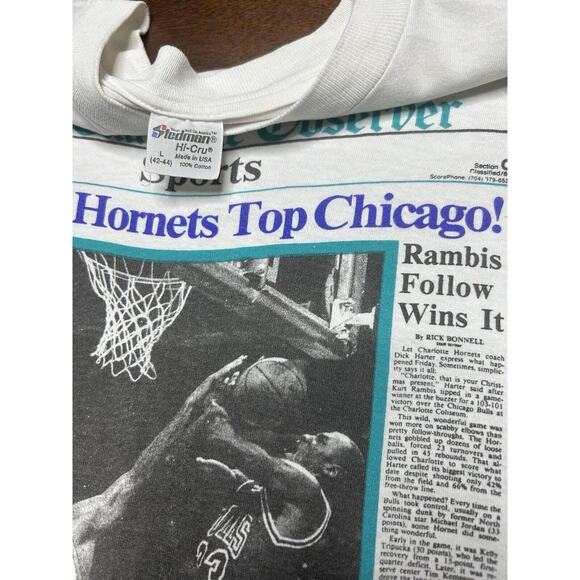VTG 1988 The Charlotte Observer NBA Hornets Bulls Newspaper Print Shirt (L) RARE - Picture 3 of 14